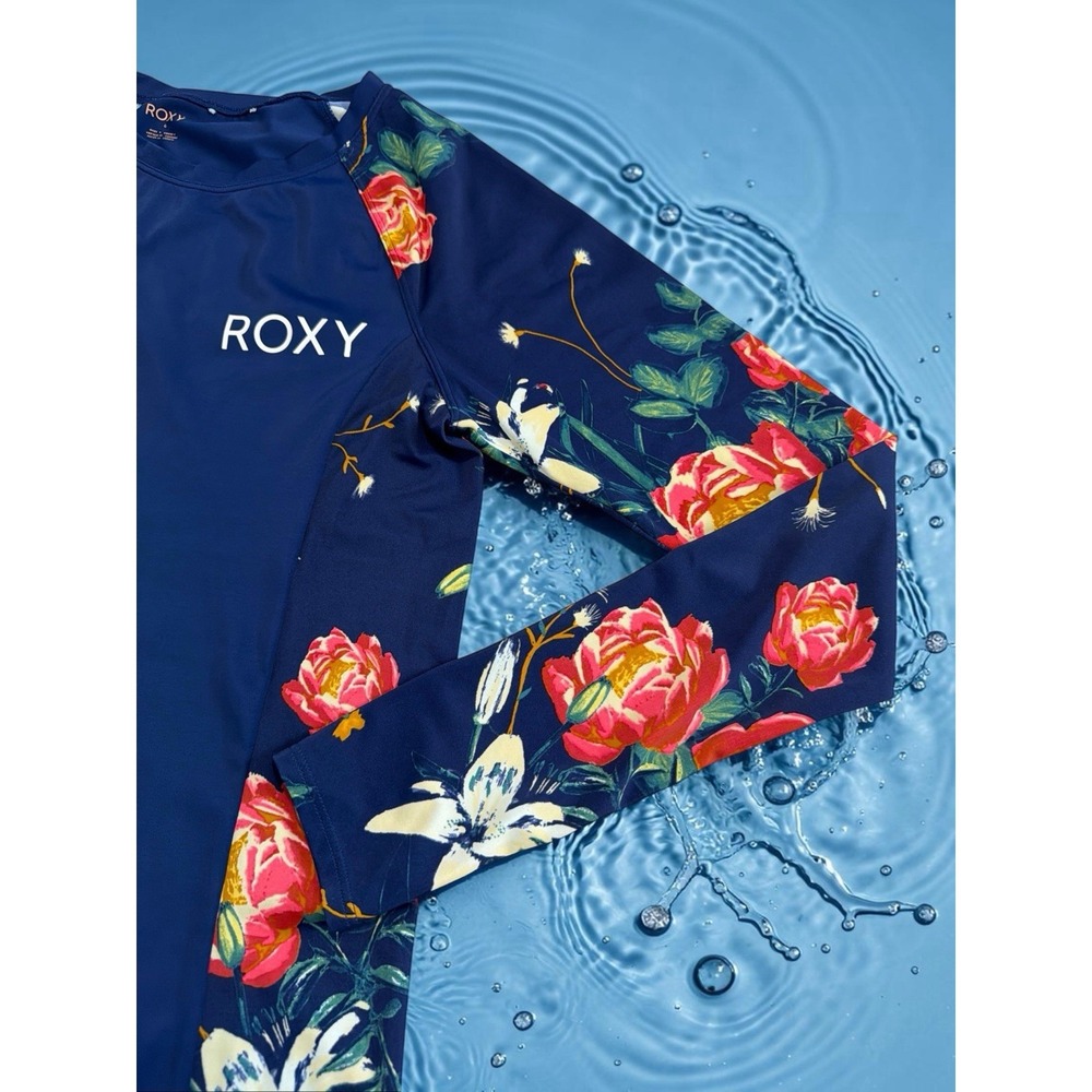 Roxy Blue Floral Solid Long Sleeve Pullover Rashguard Kids Girls Size M 10 - Picture 3 of 8
